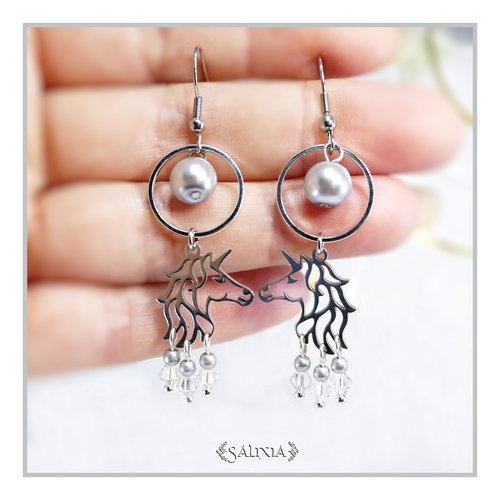 Boucles d'oreilles licornes perles nacrées et cristal crochets acier inoxydable (#bo476)