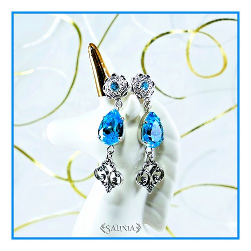 Boucles d'oreilles style victorien cabochons et strass en cristal bleu turquoise puces dormeuses ou crochets au choix(#bo477)