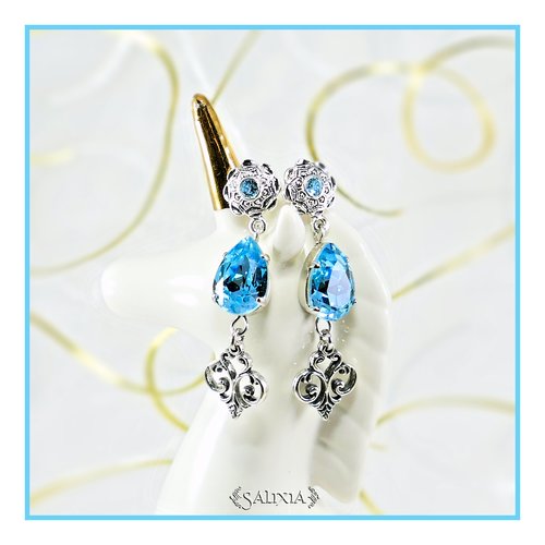 Boucles d'oreilles style victorien cabochons et strass en cristal bleu turquoise puces dormeuses ou crochets au choix(#bo477)