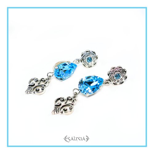 Boucles d'oreilles style victorien cabochons et strass en cristal bleu turquoise puces dormeuses ou crochets au choix(#bo477)