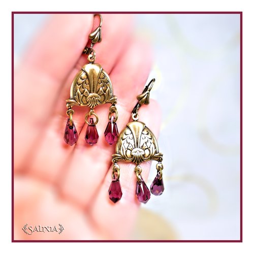 Pièce unique - boucles d'oreilles médiévales laiton haute qualité cristal améthyste dormeuses ou crochets au choix (#bo481)