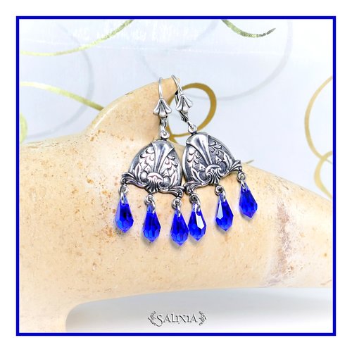 Pièce unique - boucles d'oreilles médiévales laiton très haute qualité cristal bleu royal dormeuses ou crochets au choix (#bo482)