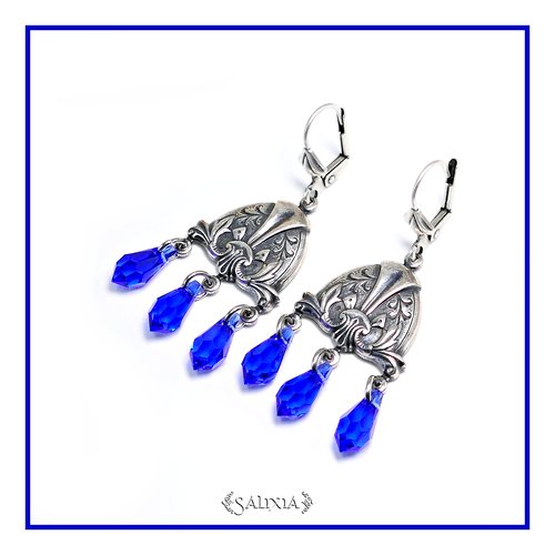 Pièce unique - boucles d'oreilles médiévales laiton très haute qualité cristal bleu royal dormeuses ou crochets au choix (#bo482)
