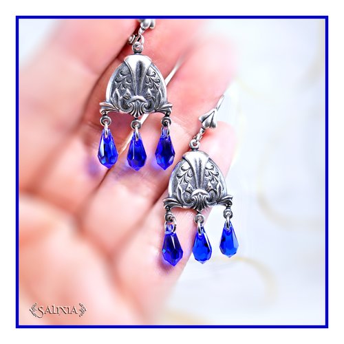 Pièce unique - boucles d'oreilles médiévales laiton haute qualité plaqué argent cristal bleu royal dormeuses ou crochets (#bo482)