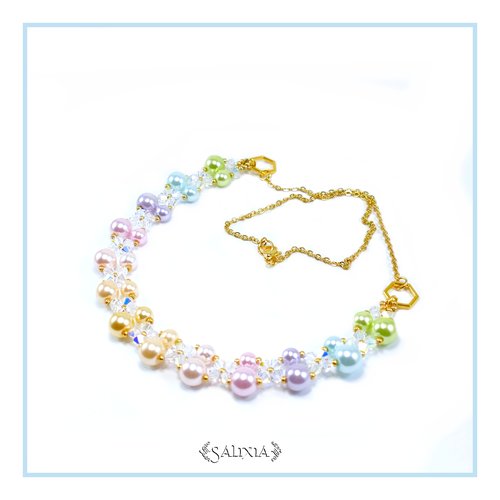 Collier arc en ciel pastel, cristal et perles nacrées, chaine et mousqueton acier inoxydable doré (#c152.a)