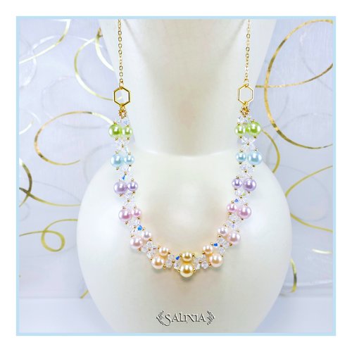 Collier arc en ciel pastel, cristal et perles nacrées, chaine et mousqueton acier inoxydable doré (#c152.a)