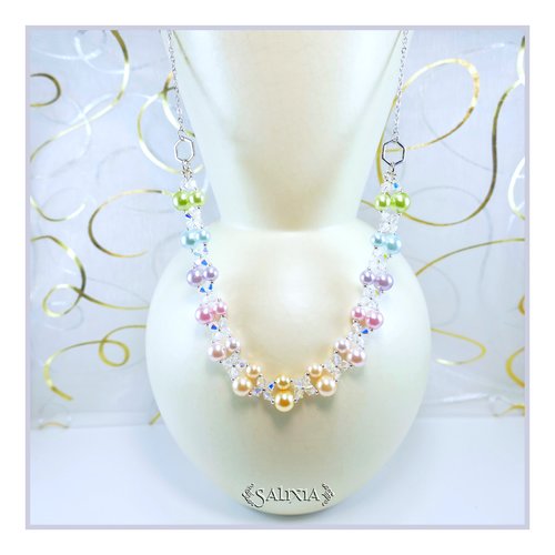 Collier arc en ciel pastel, cristal et perles nacrées, chaine et mousqueton acier inoxydable (#c153)