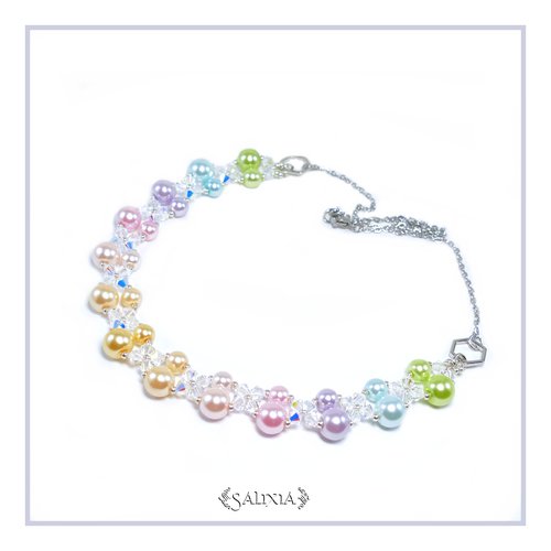 Collier arc en ciel pastel, cristal et perles nacrées, chaine et mousqueton acier inoxydable (#c153)