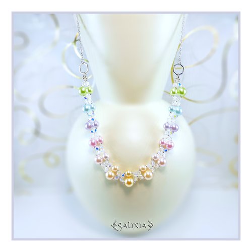 Collier arc en ciel pastel, cristal et perles nacrées, chaine et mousqueton acier inoxydable (#c153)