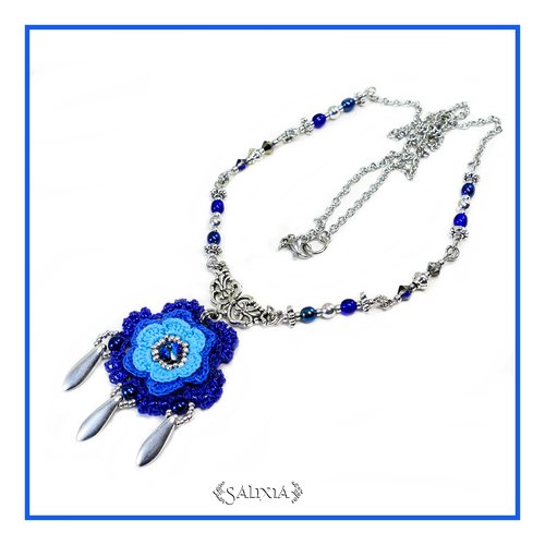 Collier fleur au crochet d'art cristal perles de bohème chaine et mousqueton acier inoxydable (#c157)