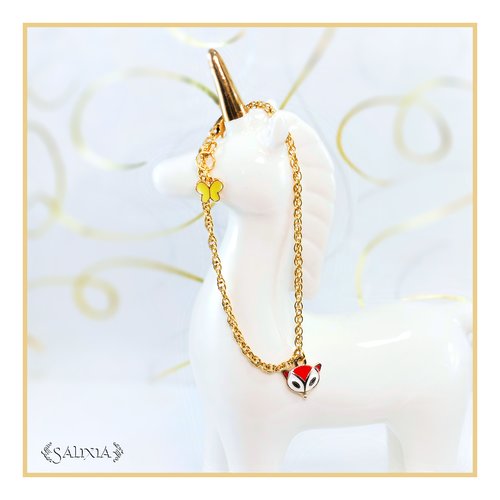 Bracelet breloques renard roux papillon jaune chaine torsadée double acier inoxydable doré (#bc147)