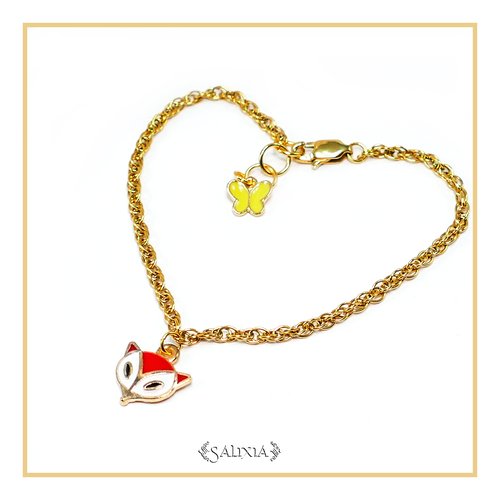 Bracelet breloques renard roux papillon jaune chaine torsadée double acier inoxydable doré (#bc147)