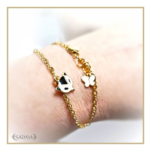Bracelet breloques renard noir papillon blanc chaine torsadée double acier inoxydable doré (#bc148)