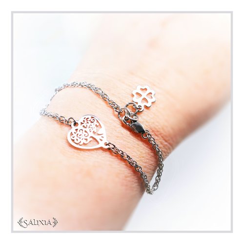 Bracelet connecteur coeur arbre de vie chaine torsadée double en acier inoxydable (#bc149)
