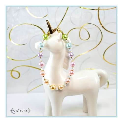 Bracelet arc en ciel pastel cristal et perles en verre nacré fil cablé et mousqueton acier inoxydable doré (#bc151)