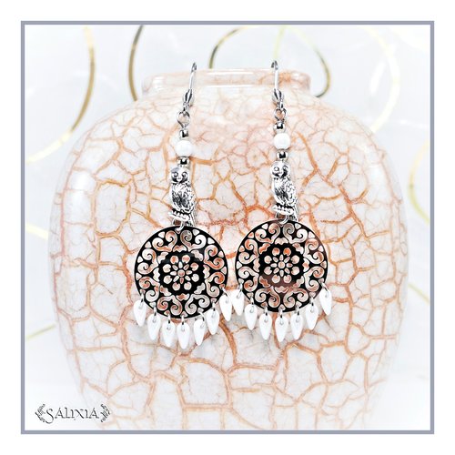 Boucles d'oreilles petites chouettes argentées, rosaces et crochets en acier inoxydable (#bo492)