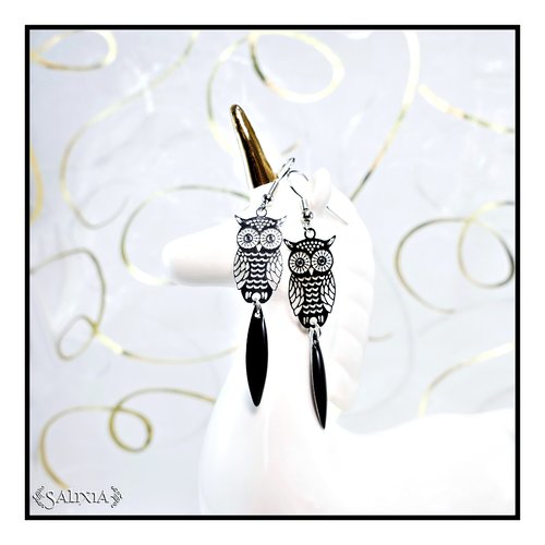 Vendues - boucles d'oreilles petits hiboux couleur platine, navettes noires (#bo501)