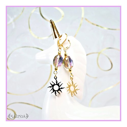 Boucles d'oreilles perles octogonales très irisées breloques soleil dormeuses ou crochets acier inoxydable doré (#bo502)