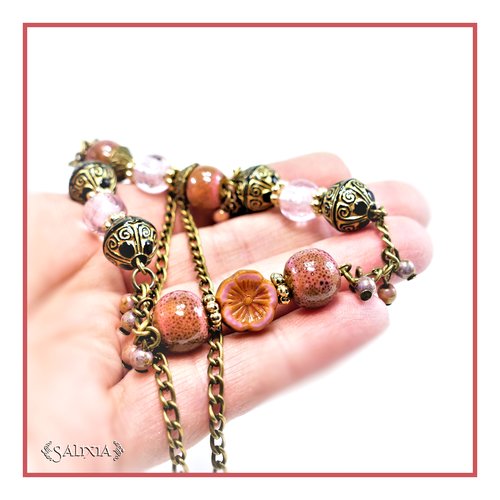 Collier sautoir fleur hawaïenne perles en céramique perles lampwork coeur feuille d'argent choix de la taille (#c158)