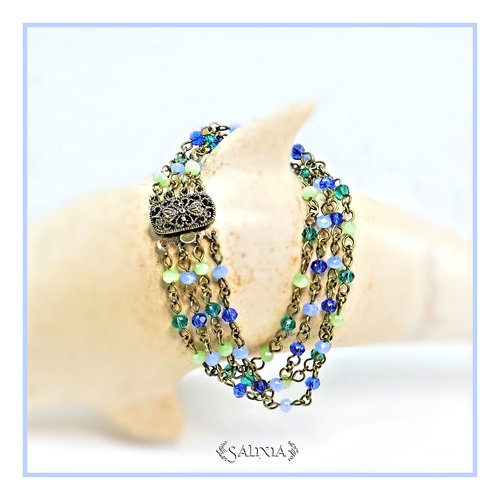 Bracelet 4 rangs, petites perles de verre à facettes bleues et vertes (#bc153)