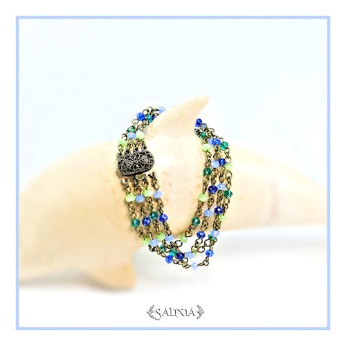 Bracelet 4 rangs, petites perles de verre à facettes bleues et vertes (#bc153)