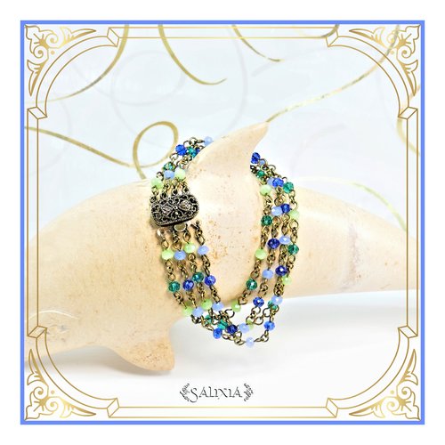 Bracelet 4 rangs, petites perles de verre à facettes bleues et vertes (#bc153)