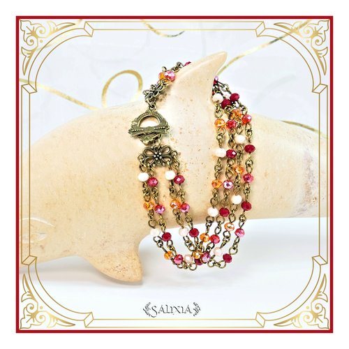 Bracelet 4 rangs, petites perles de verre à facettes rouges, orangées et sable ab (#bc154)