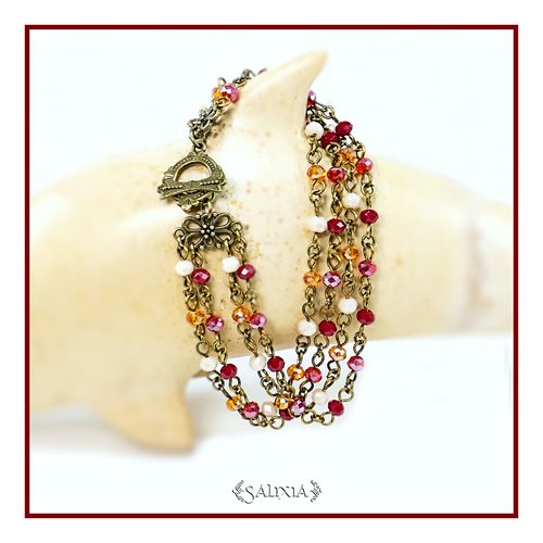 Bracelet 4 rangs, petites perles de verre à facettes rouges, orangées et sable ab (#bc154)