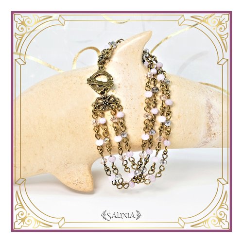 Bracelet 4 rangs, petites perles de verre à facettes roses, mauve et black diamond ab (#bc155)