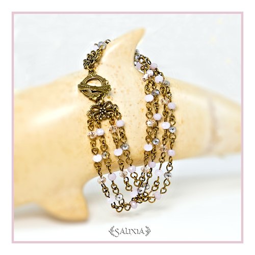 Bracelet 4 rangs, petites perles de verre à facettes roses, mauve et black diamond ab (#bc155)