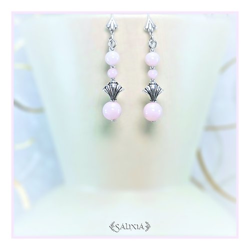Boucles d'oreilles "milana" jade rose poudré dormeuses plaqué argent ou crochets acier inoxydable au choix (#bo507 p164)