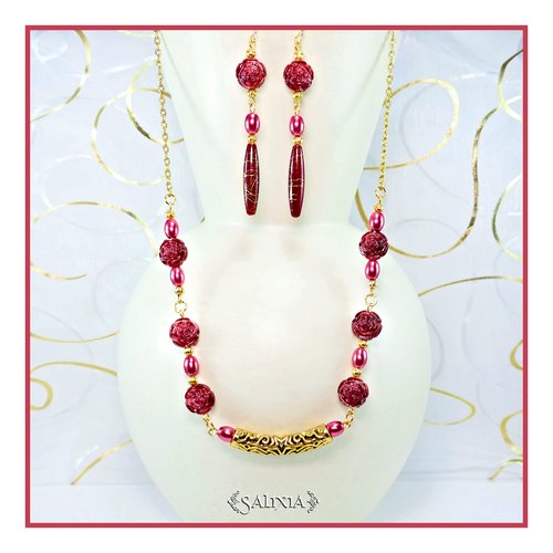 Pièce unique - collier tania délicates roses carmin perles nacrées rose ancien (#c162 p166)