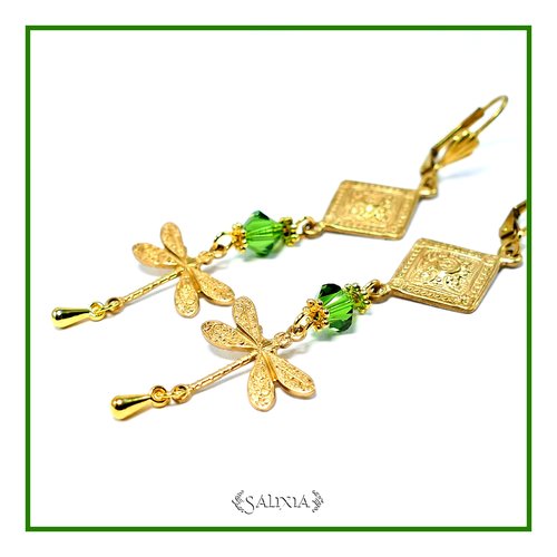 Boucles d'oreilles libellules laiton très haute qualité cristal vert émeraude dormeuses ou crochets au choix (#bo513)