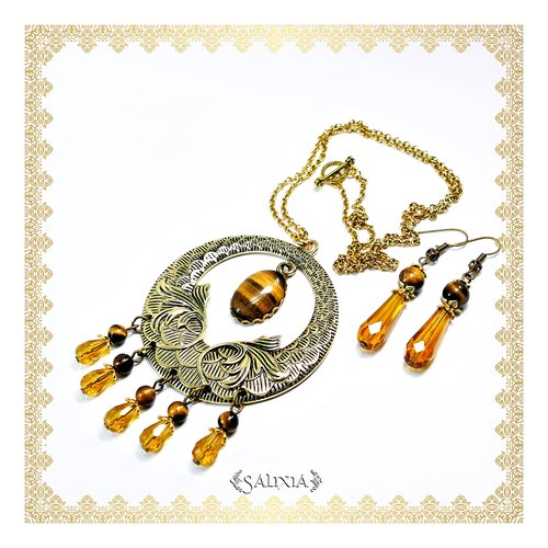 Pièce unique - collier ethnique enora esprit ouroboros cabochon et perles pierres fines d'oeil de tigre (#c172 p167)