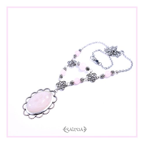 Pièce unique - collier pendentif cabochon pierre fine de quartz rose laiton plaqué argent très haute qualité (#c170)