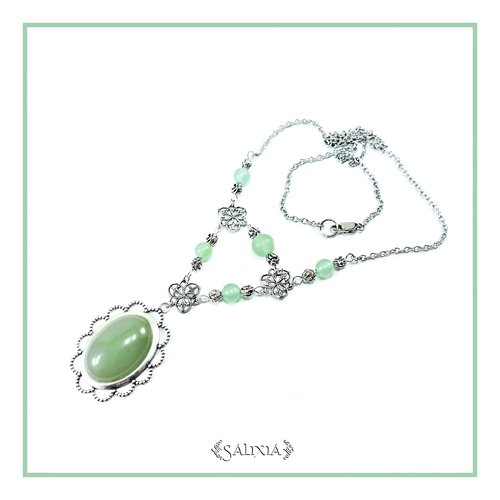 Pièce unique - collier pendentif cabochon pierre fine d'aventurine verte laiton plaqué argent très haute qualité (#c171)