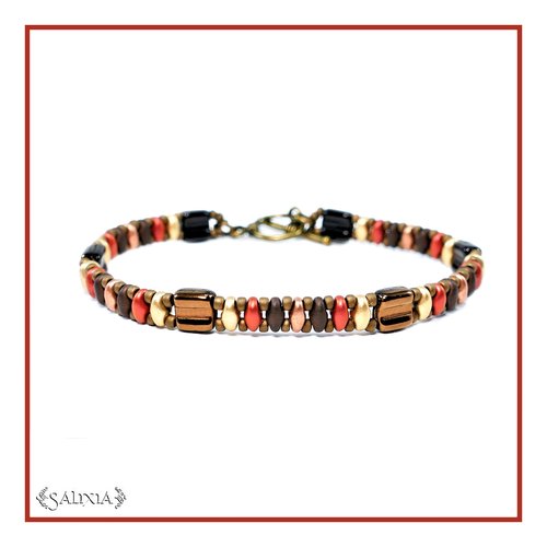 Bracelet "mila" red perles de bohème fermoir toggle rond bronze ou mousqueton acier inoxydable doré (#bc162 p170)