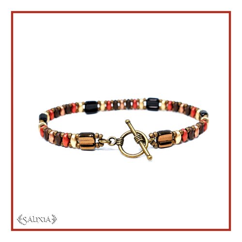 Bracelet "mila" red perles de bohème fermoir toggle rond bronze ou mousqueton acier inoxydable doré (#bc162 p170)