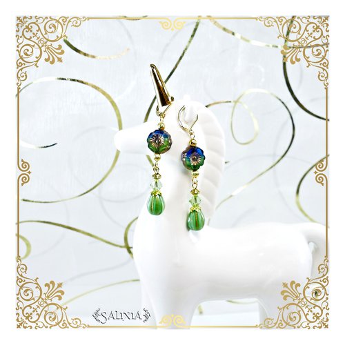 Boucles d'oreilles fleurs hawaïennes perles de bohème cristal dormeuses ou crochets au choix (#bo523)