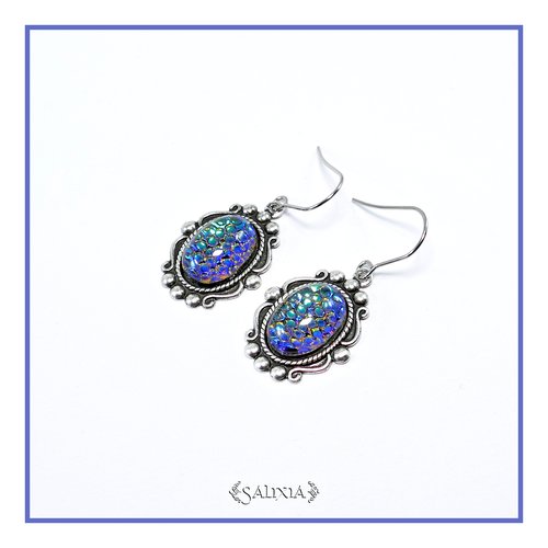 Boucles d'oreilles victoriennes cabochon peau de dragon bleu-vert en laiton plaqué argent haute qualité (#bo515) - vidéo hd dans détails