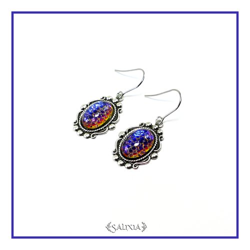 Boucles d'oreilles victoriennes cabochon peau de dragon bleu-violet laiton plaqué argent haute qualité (#bo517) - vidéo hd dans détails