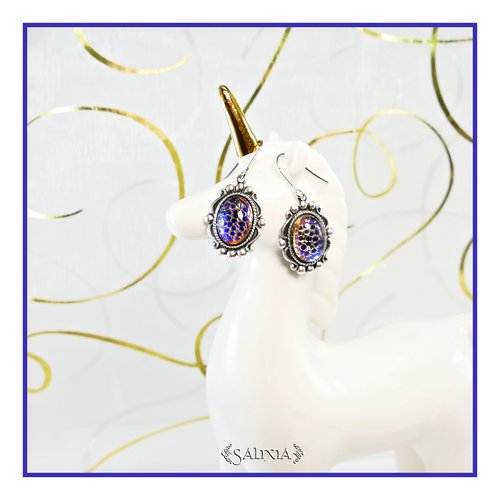 Boucles d'oreilles victoriennes cabochon peau de dragon bleu-violet laiton plaqué argent haute qualité (#bo517) - vidéo hd dans détails