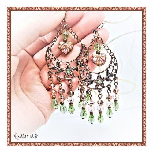 Boucles d'oreilles florales de style bohème cristal et cuivre dormeuses ou crochets au choix (#bo525)