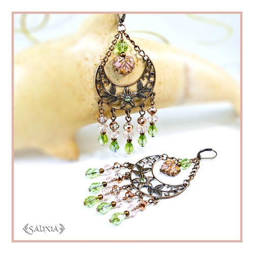 Boucles d'oreilles florales de style bohème cristal et cuivre dormeuses ou crochets au choix (#bo525)