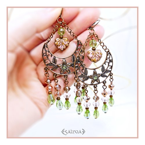 Boucles d'oreilles florales de style bohème cristal et cuivre dormeuses ou crochets au choix (#bo525)