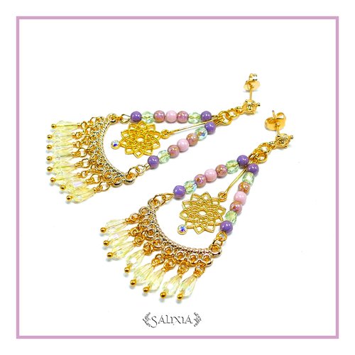 Boucles d'oreilles florales de style bohème cristal et perles de bohème puces ou crochets au choix (#bo528)