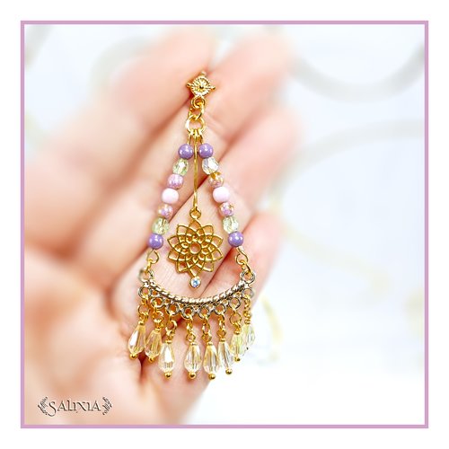 Boucles d'oreilles florales de style bohème cristal et perles de bohème puces ou crochets au choix (#bo528)