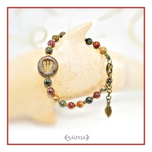 Bracelet pierres fines de jaspe picasso perle de bohème "fossile" patinée antique (#bc164)