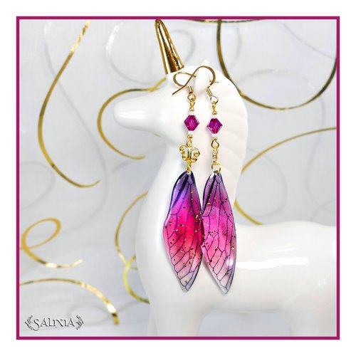 Boucles d'oreilles "odonata", ailes de libellules, connecteurs doré à l'or fin, cristal, crochets acier inoxydable doré (#bo530)