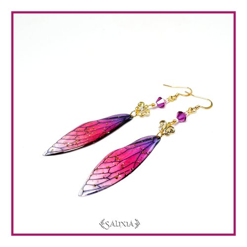 Boucles d'oreilles "odonata", ailes de libellules, connecteurs doré à l'or fin, cristal, crochets acier inoxydable doré (#bo530)